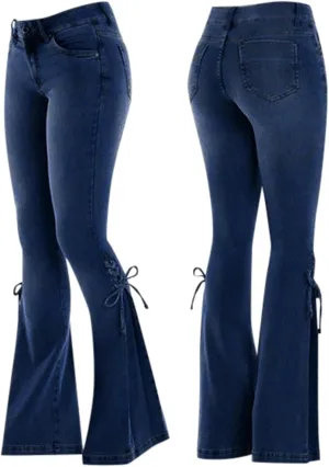 Mid Rise Denim Jeans Womens Lace-Up Bell Tie Waist Denim Pants Stretchy Flare Jeans Trouser Leggings
