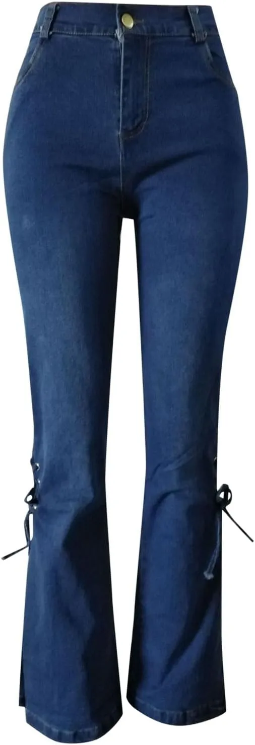 Mid Rise Denim Jeans Womens Lace-Up Bell Tie Waist Denim Pants Stretchy Flare Jeans Trouser Leggings