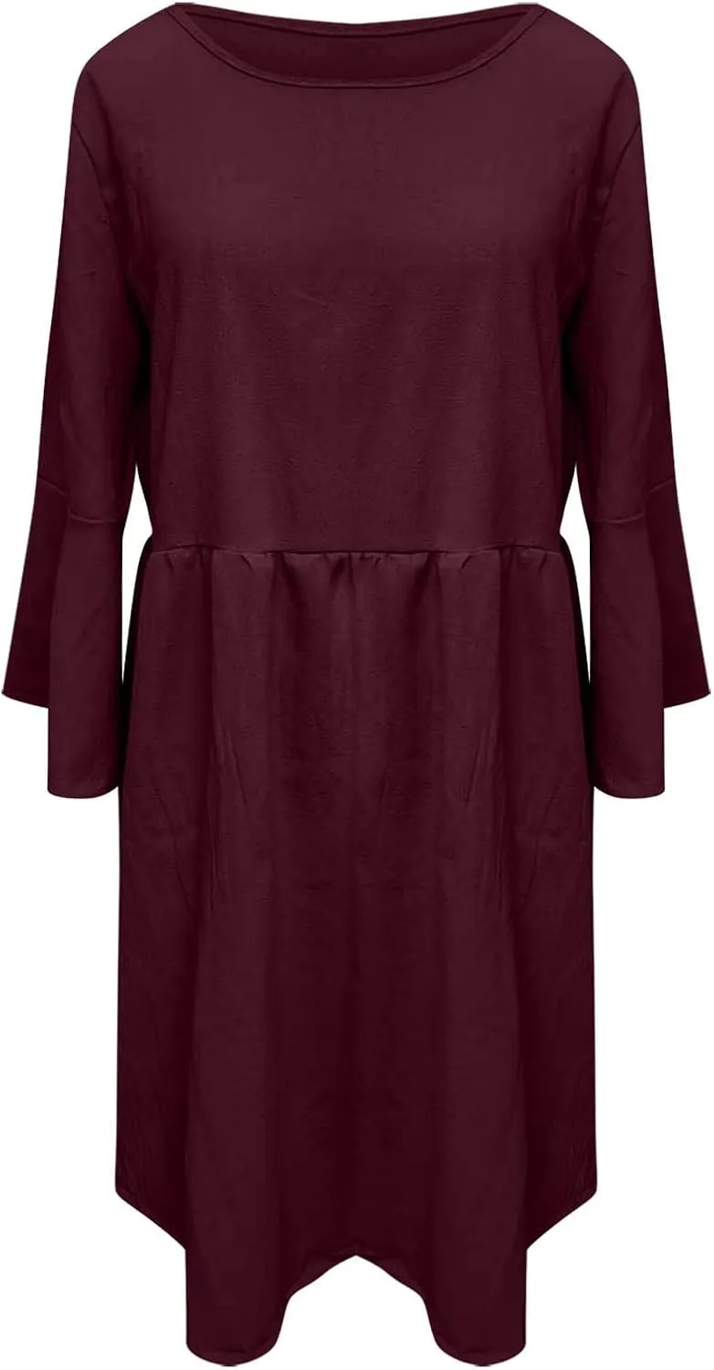 Midi Dress Women Plain 3/4 Sleeve Ruffle Aline Swing Casual Dresses Fashion Trendy 2025 Plus Size Cotton Linen Clothes
