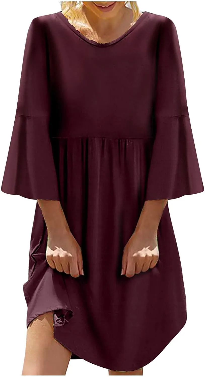 Midi Dress Women Plain 3/4 Sleeve Ruffle Aline Swing Casual Dresses Fashion Trendy 2025 Plus Size Cotton Linen Clothes