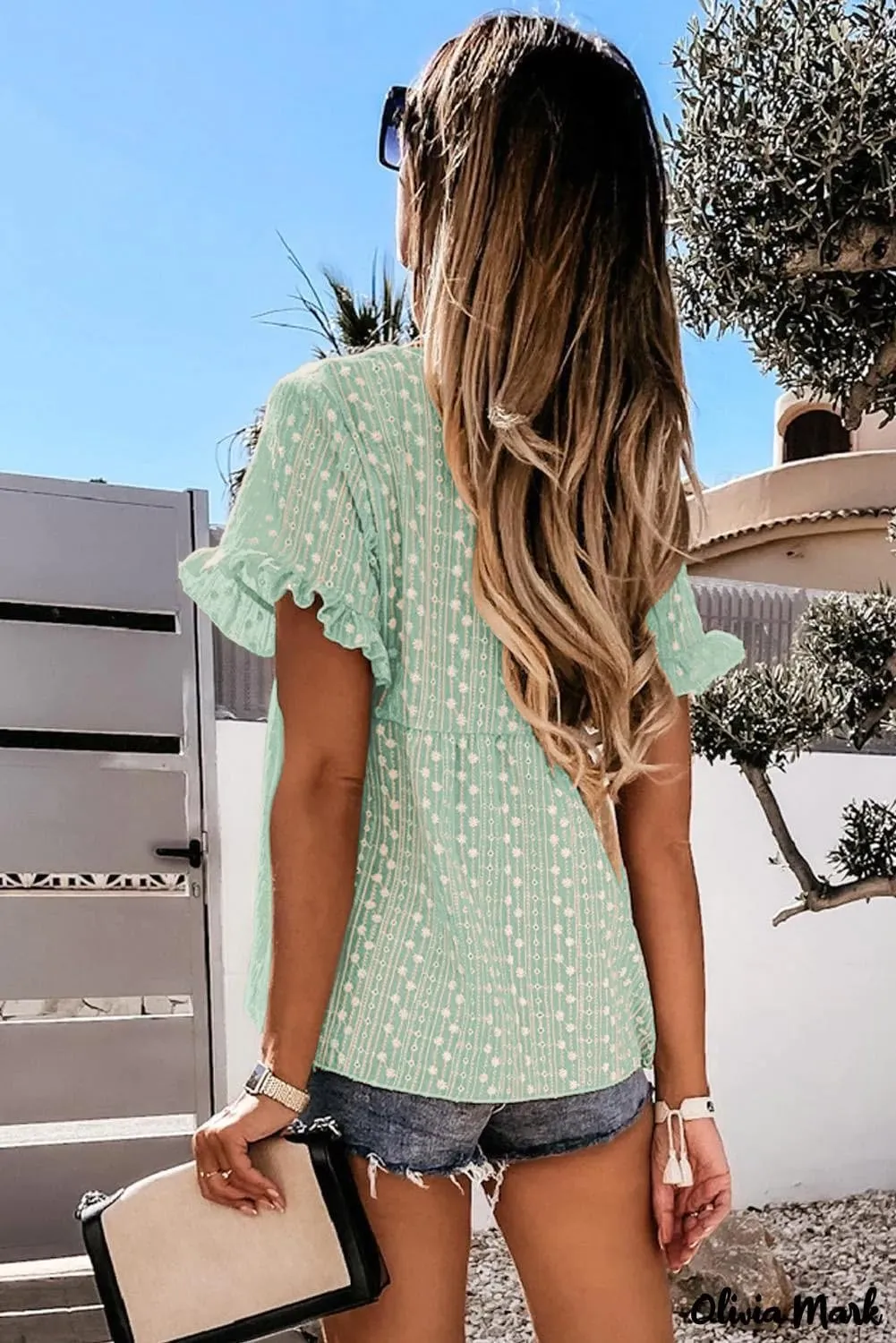 miduo Womens Fashion Summer Short Sleeve V Neck Daisy Embroidery Hollow Out Babydoll Top Blouses