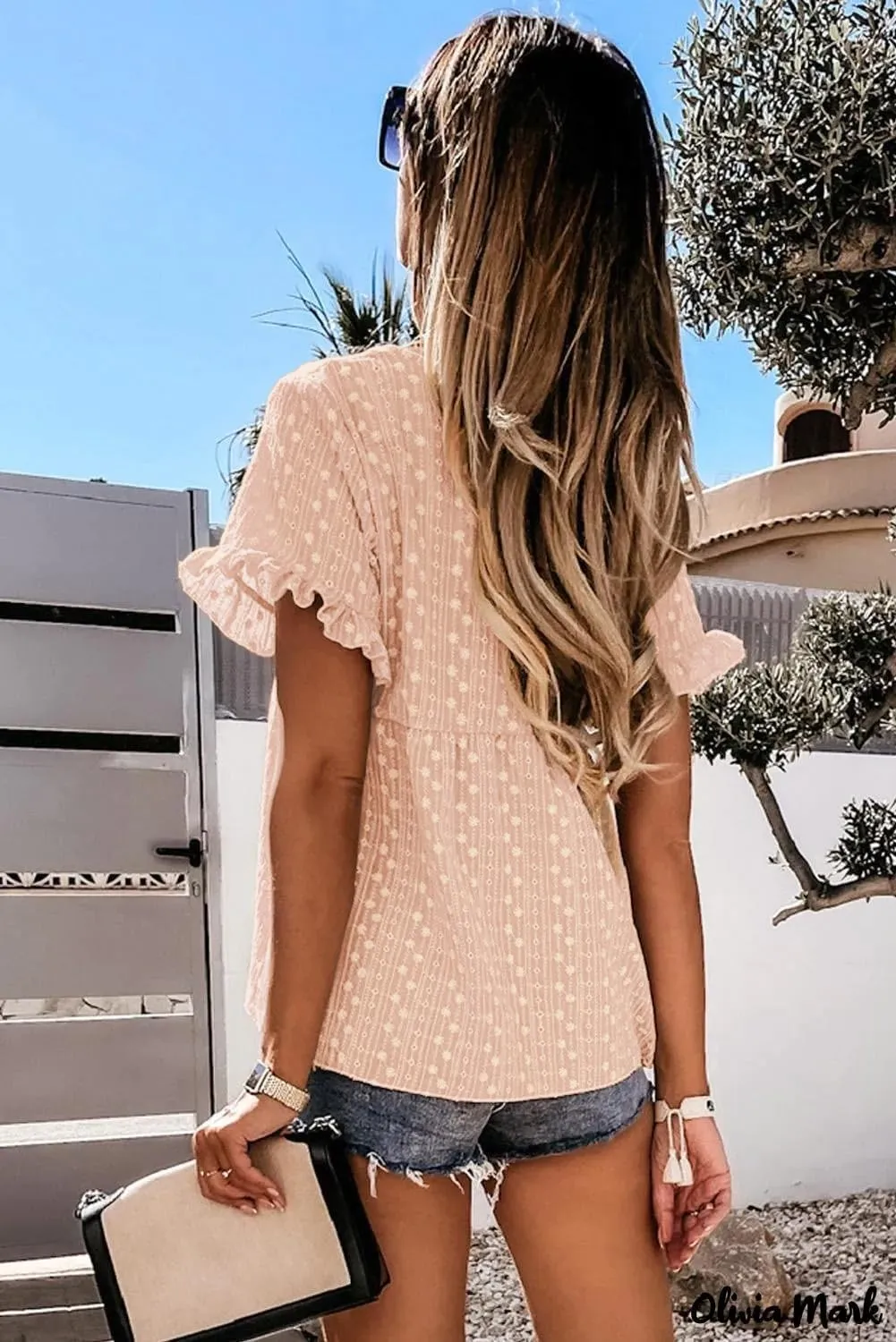 miduo Womens Fashion Summer Short Sleeve V Neck Daisy Embroidery Hollow Out Babydoll Top Blouses