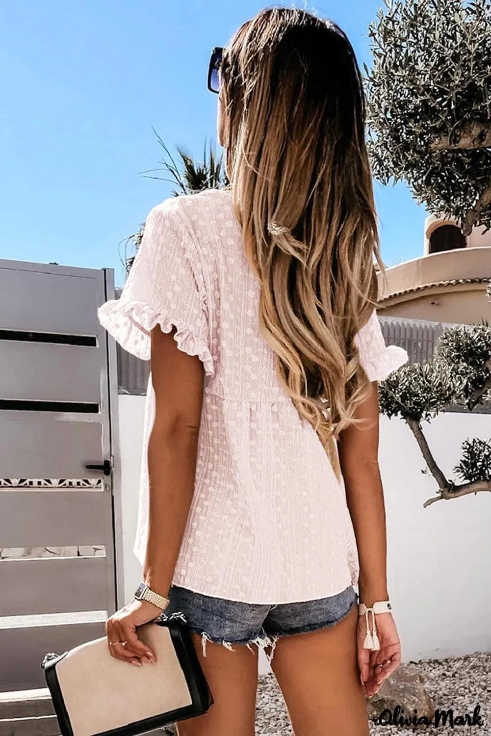 miduo Womens Fashion Summer Short Sleeve V Neck Daisy Embroidery Hollow Out Babydoll Top Blouses