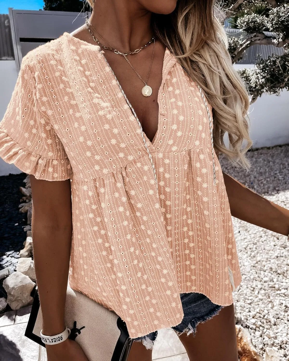 miduo Womens Fashion Summer Short Sleeve V Neck Daisy Embroidery Hollow Out Babydoll Top Blouses