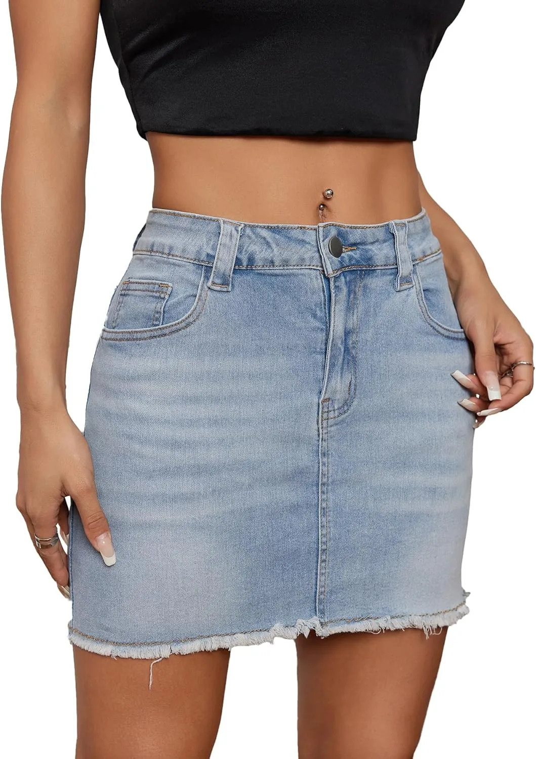 Milumia Women's High Waist Bodycon Denim Mini Skirt Y2K Raw Hem Jean Skirt