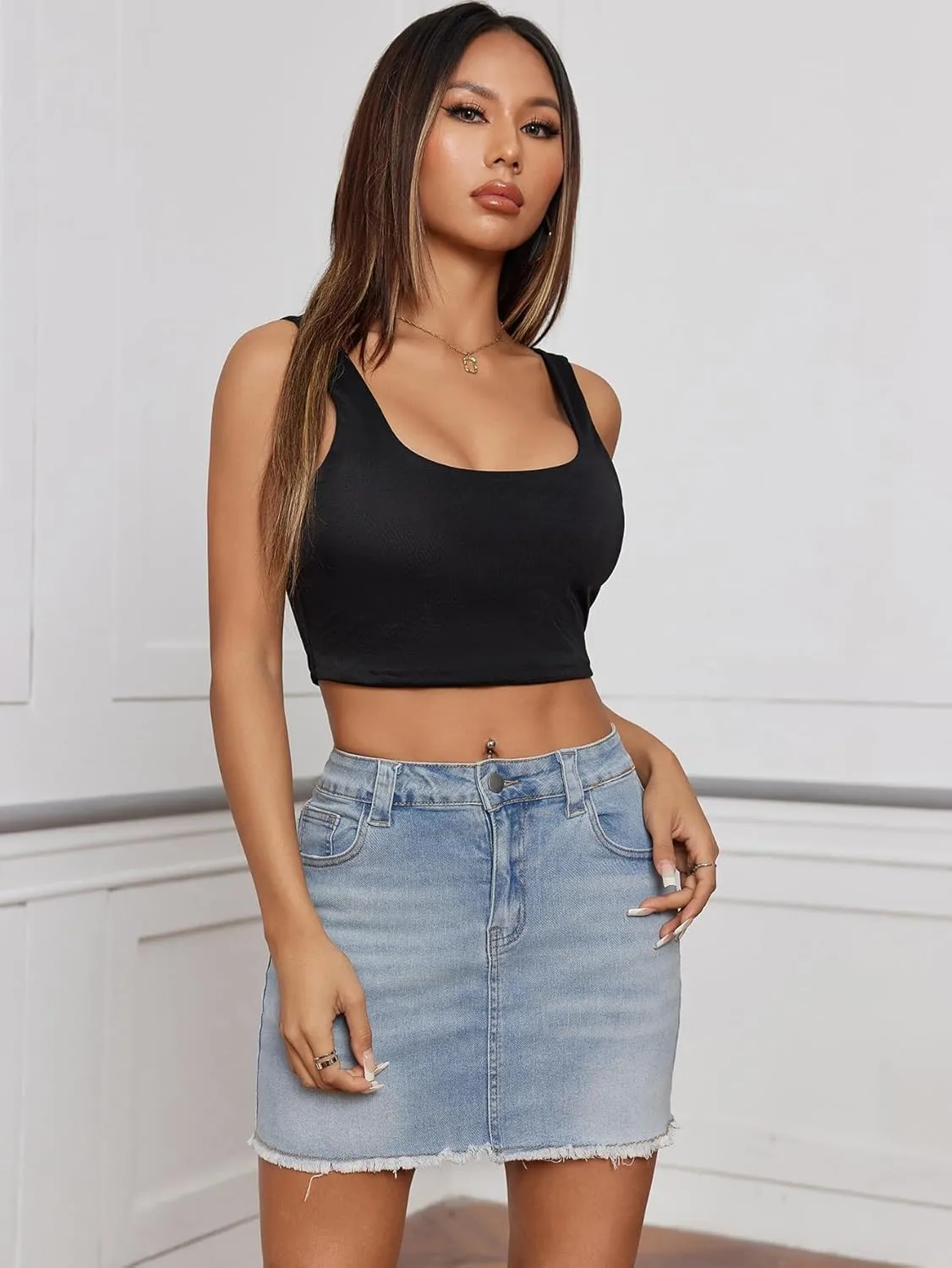 Milumia Women's High Waist Bodycon Denim Mini Skirt Y2K Raw Hem Jean Skirt