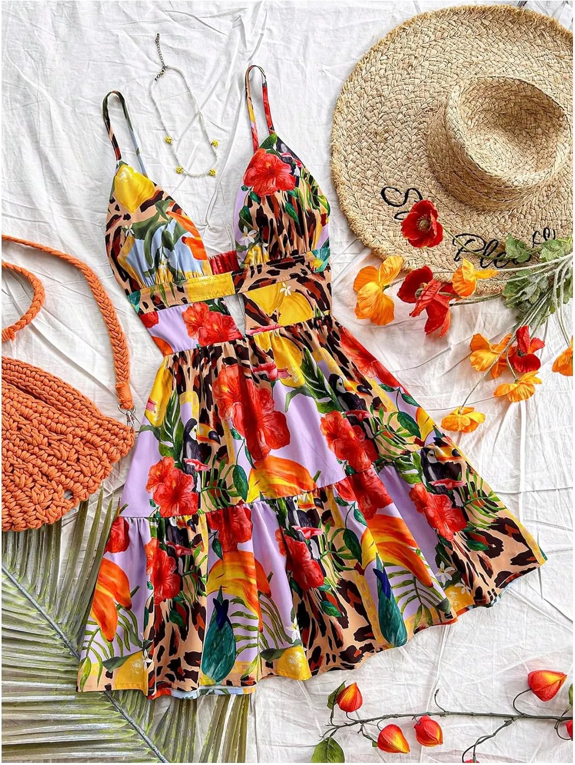 Milumia Women's Leopard Print Floral Mini Dress Deep V Neck Cut Out Backless A Line Cami Dresses