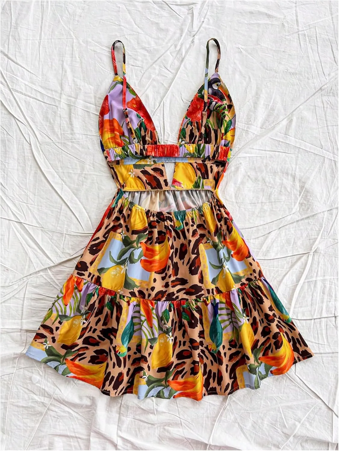 Milumia Women's Leopard Print Floral Mini Dress Deep V Neck Cut Out Backless A Line Cami Dresses