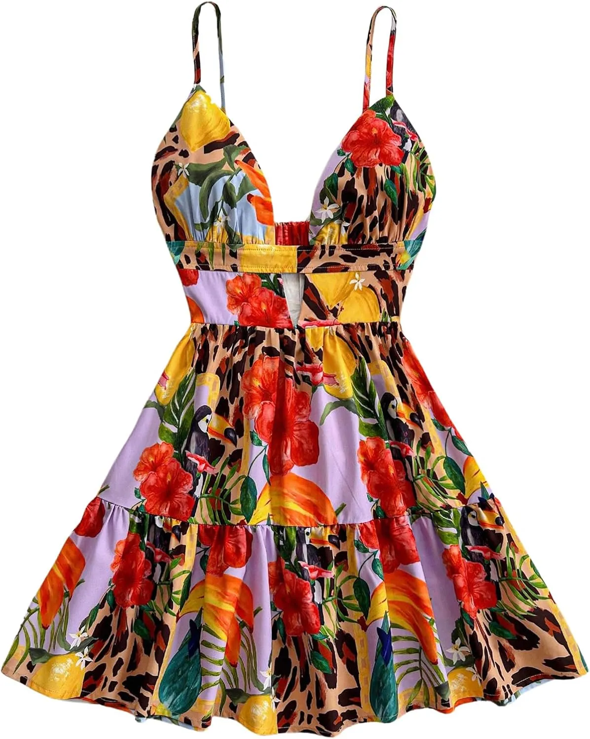 Milumia Women's Leopard Print Floral Mini Dress Deep V Neck Cut Out Backless A Line Cami Dresses