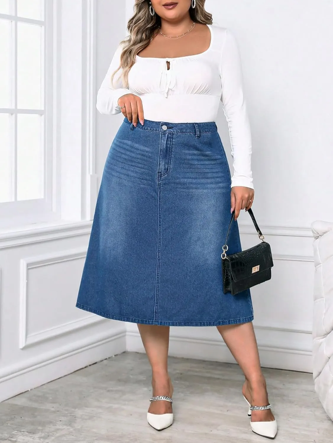 Milumia Women's Plus Size Jean Midi Skirt High Waisted A Line Denim Skirts Casual