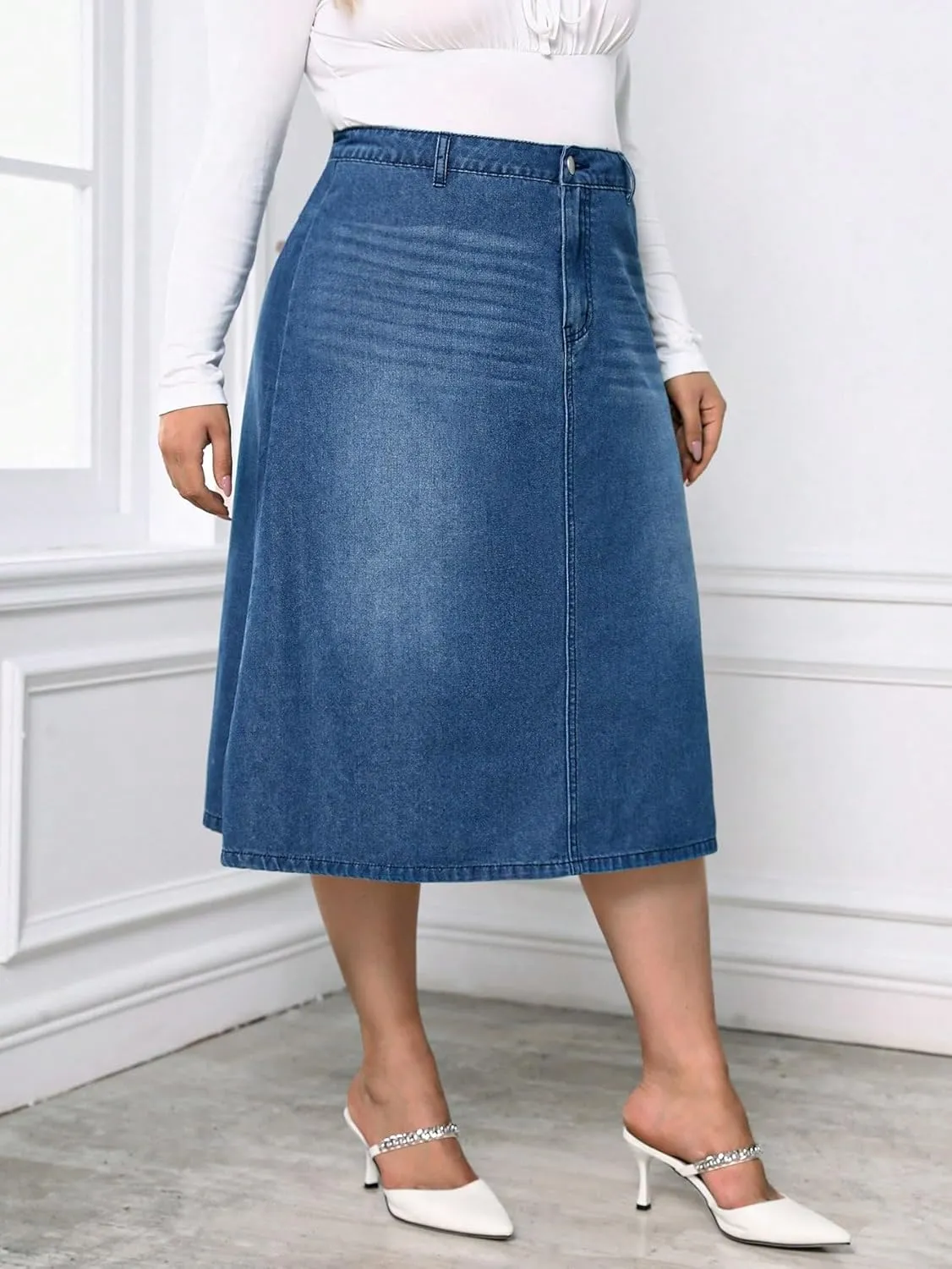 Milumia Women's Plus Size Jean Midi Skirt High Waisted A Line Denim Skirts Casual