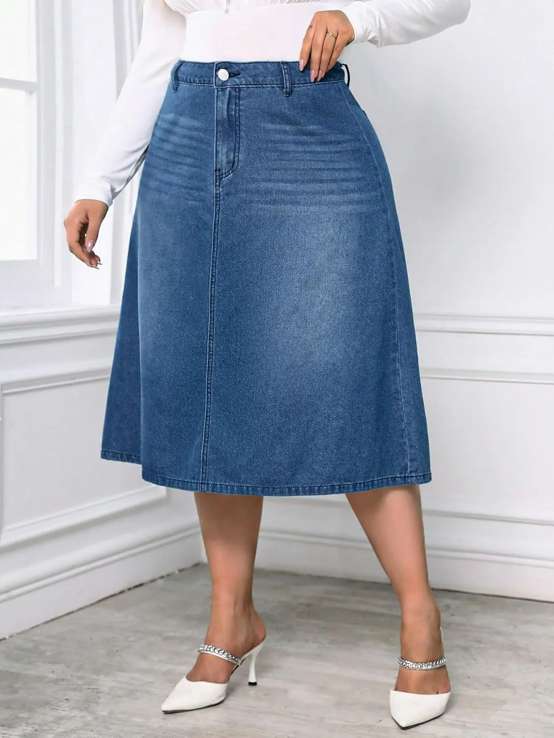 Milumia Women's Plus Size Jean Midi Skirt High Waisted A Line Denim Skirts Casual