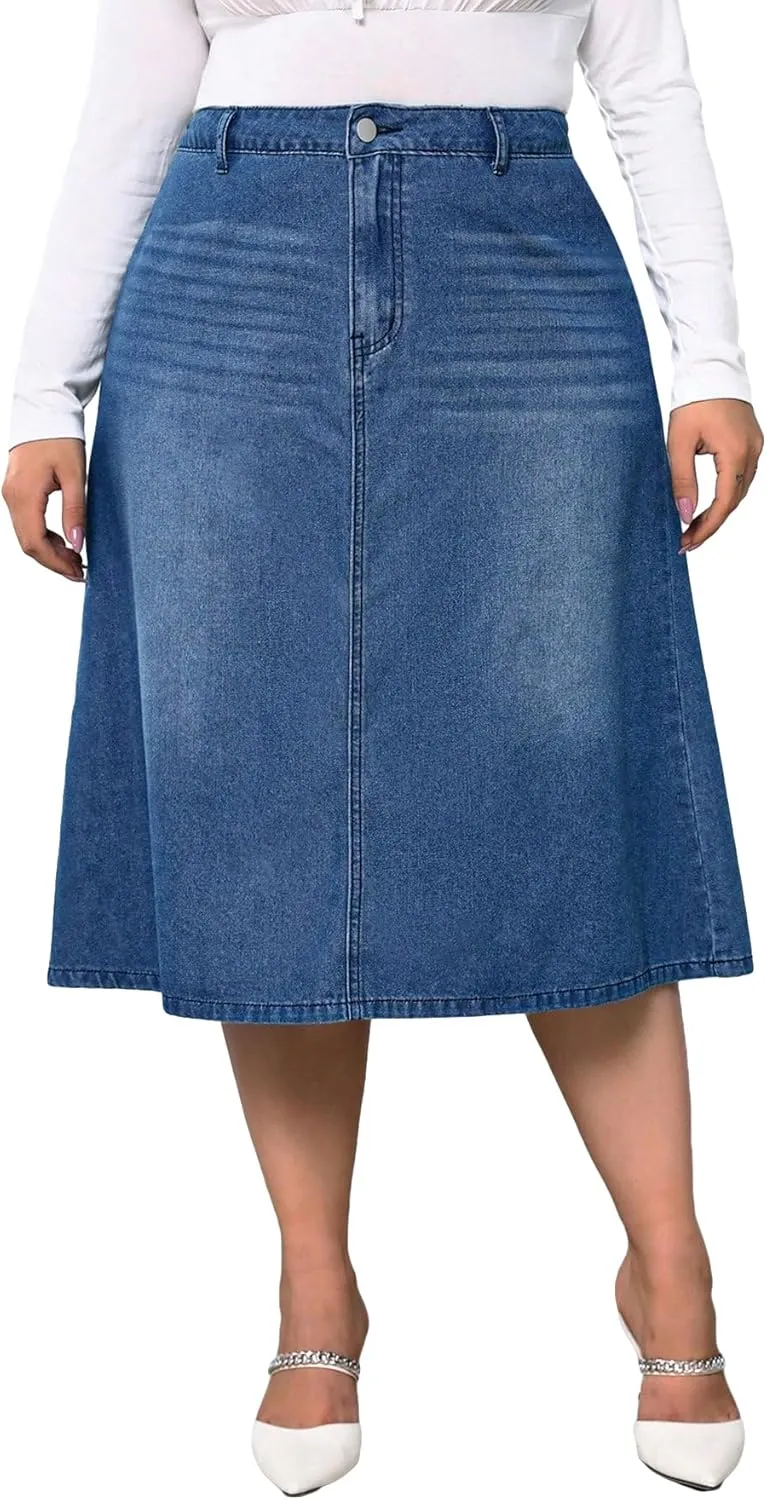 Milumia Women's Plus Size Jean Midi Skirt High Waisted A Line Denim Skirts Casual