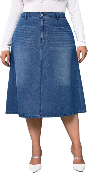 Milumia Women's Plus Size Jean Midi Skirt High Waisted A Line Denim Skirts Casual