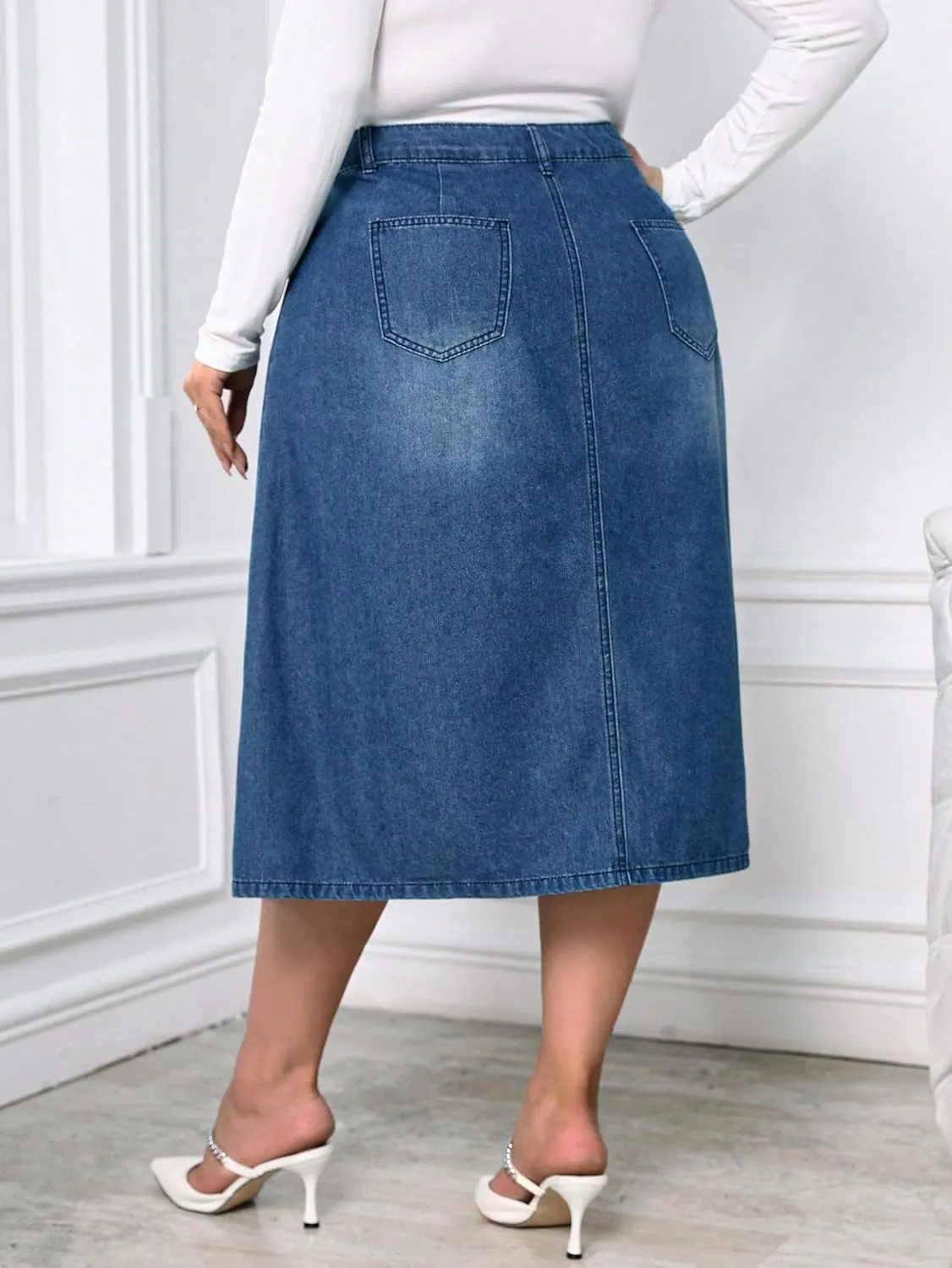 Milumia Women's Plus Size Jean Midi Skirt High Waisted A Line Denim Skirts Casual