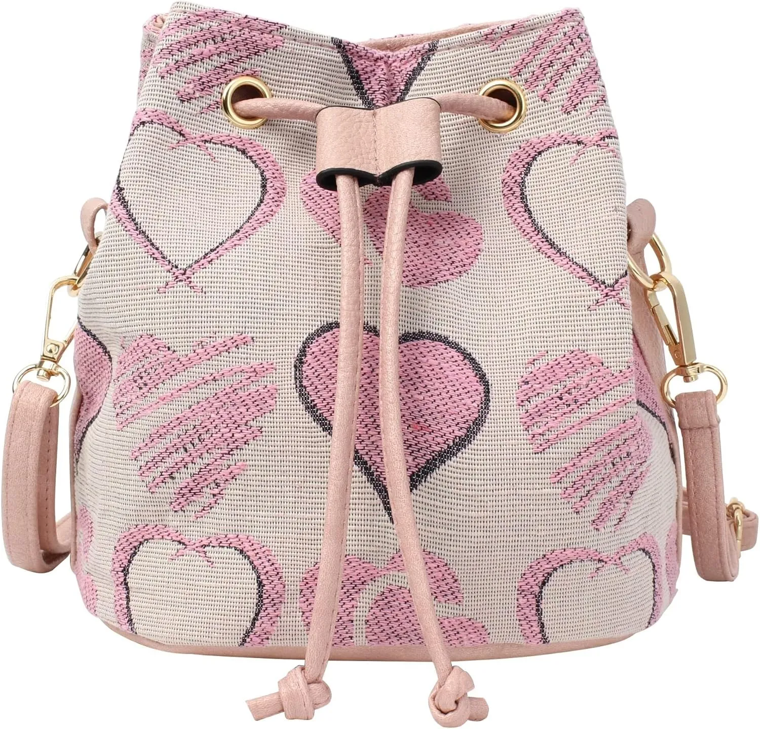 Mini Crossbody Women Faux Leather Drawstring Bucket Pink Heart Print Hobo Shoulder Purse