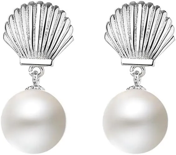 Minimalist Seashell and Pearl Small Stud Earrings for Women Dainty Drop Dangle Charm Studs Delicate Hypoallergenic Piercing Earring Stud for Mom Wife Birthday Party