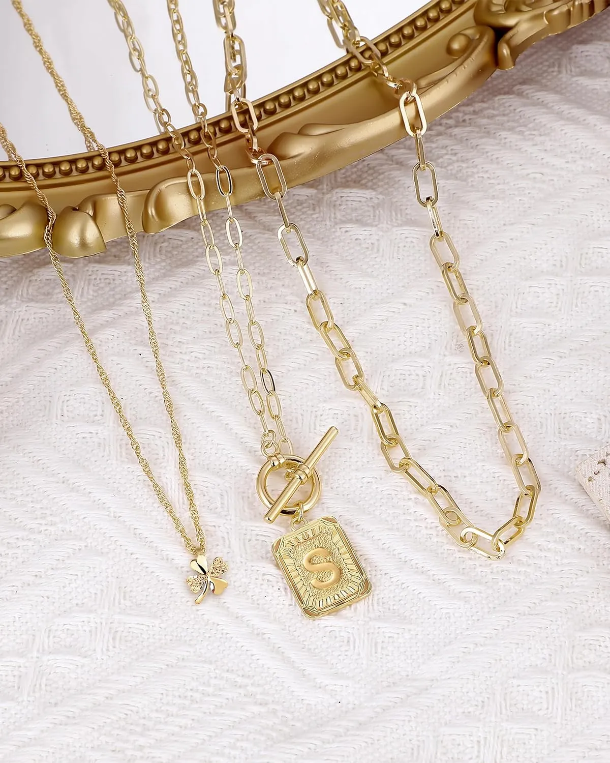 MJartoria Layered Initial Necklaces for Women Trendy, 14K Gold Plated Simple Clover Choker Square Letter Pendant Necklace, Paperclip Chain Necklace, Gold Necklaces Jewelry