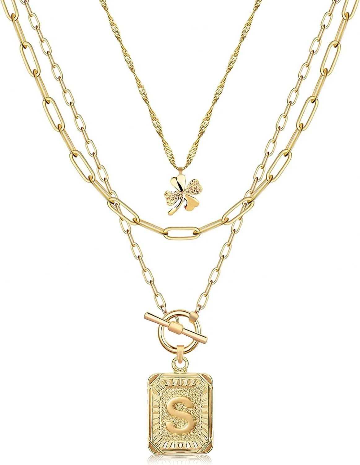 MJartoria Layered Initial Necklaces for Women Trendy, 14K Gold Plated Simple Clover Choker Square Letter Pendant Necklace, Paperclip Chain Necklace, Gold Necklaces Jewelry
