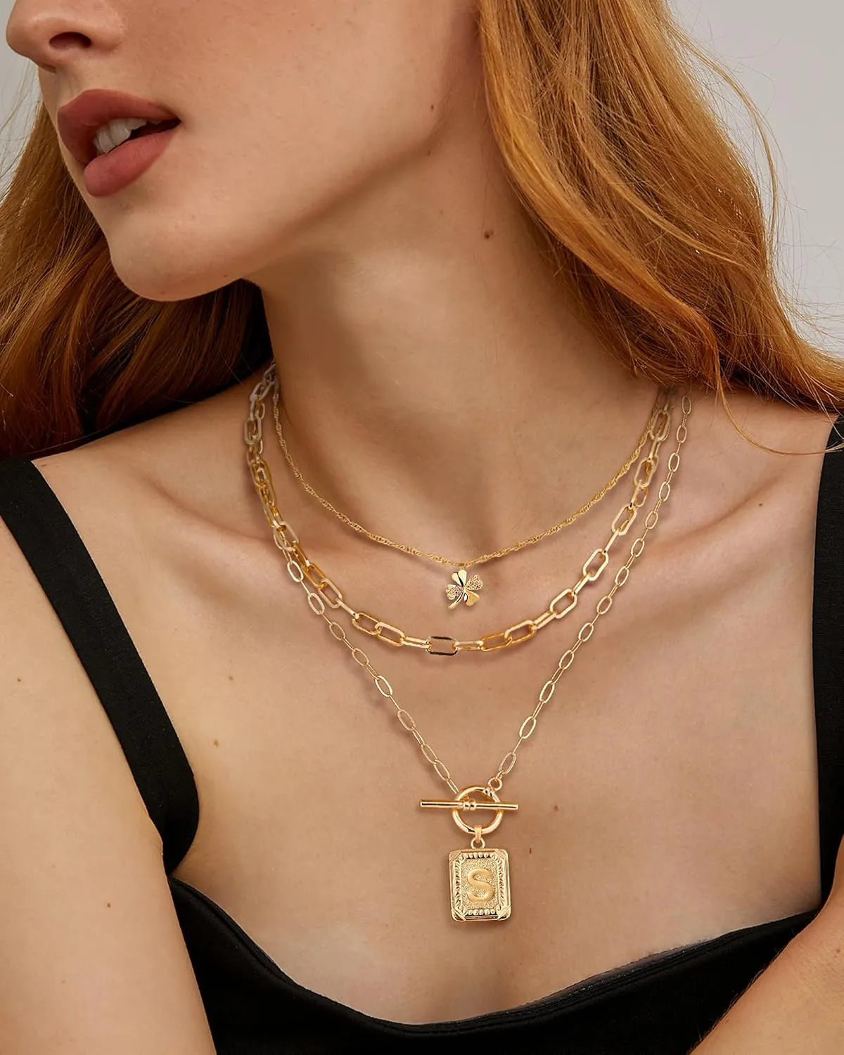 MJartoria Layered Initial Necklaces for Women Trendy, 14K Gold Plated Simple Clover Choker Square Letter Pendant Necklace, Paperclip Chain Necklace, Gold Necklaces Jewelry