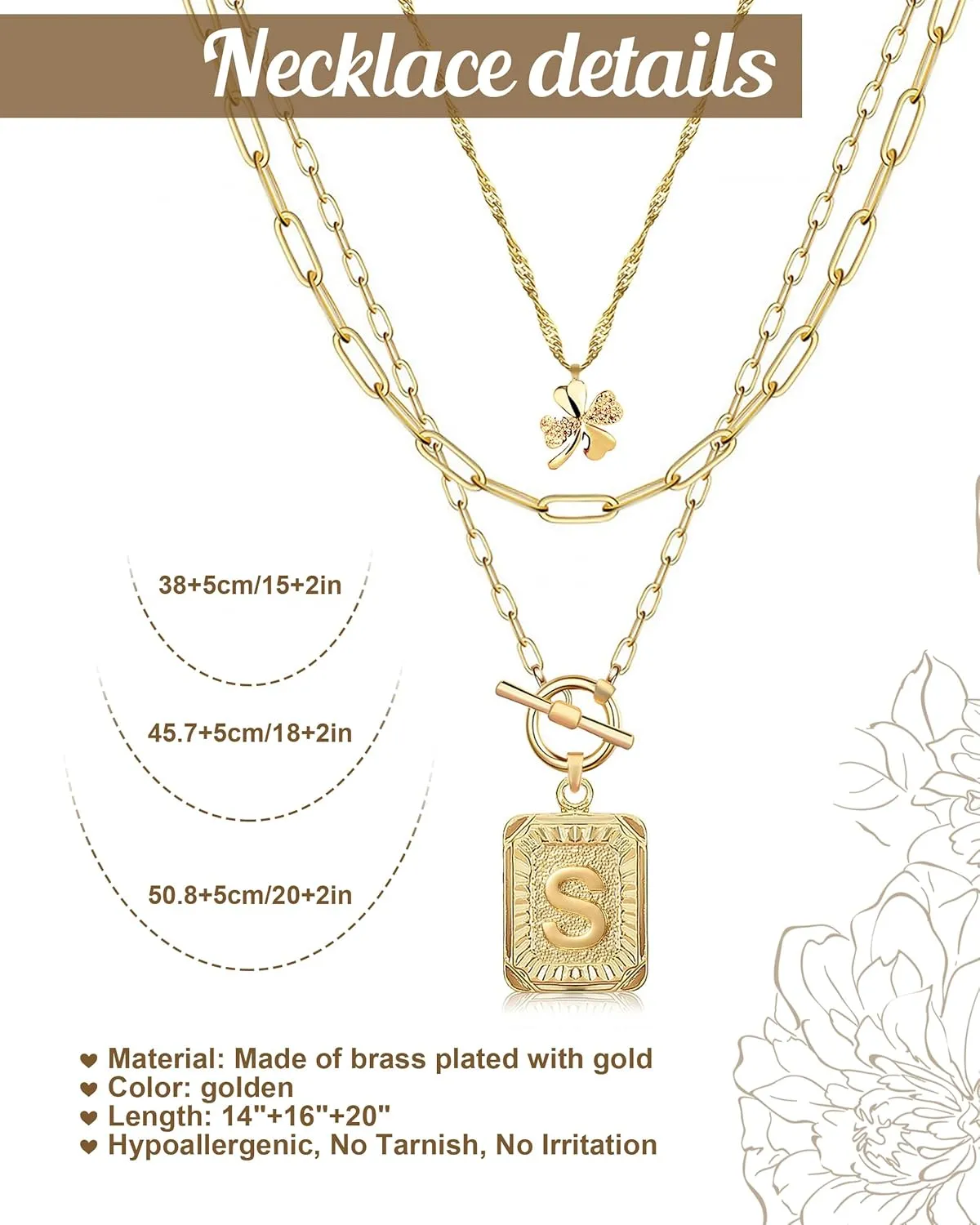 MJartoria Layered Initial Necklaces for Women Trendy, 14K Gold Plated Simple Clover Choker Square Letter Pendant Necklace, Paperclip Chain Necklace, Gold Necklaces Jewelry