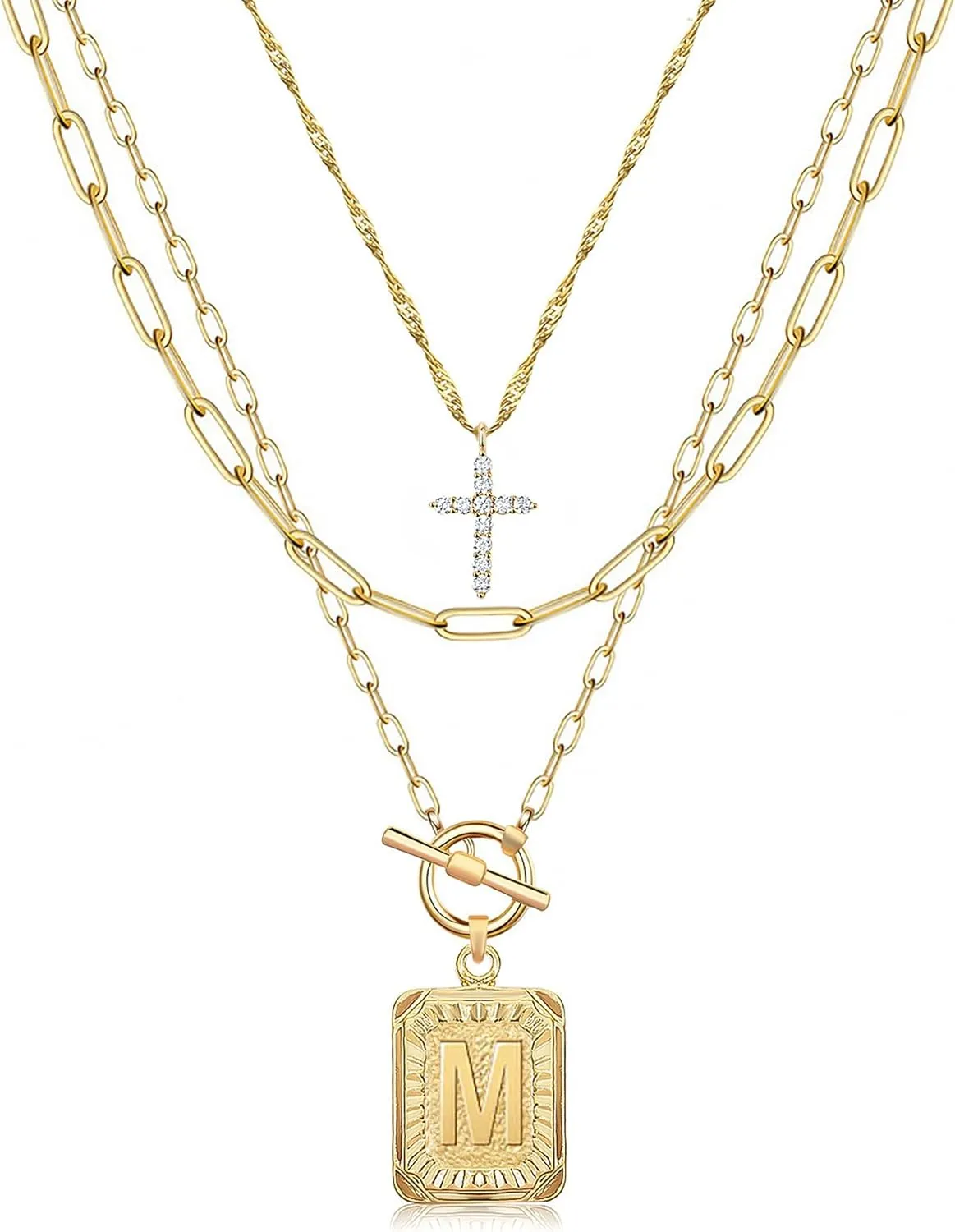 MJartoria Layered Initial Necklaces for Women Trendy, 14K Gold Plated Simple Cross Choker Square Letter Pendant Necklace, Paperclip Chain Necklace, Gold Necklaces Jewelry