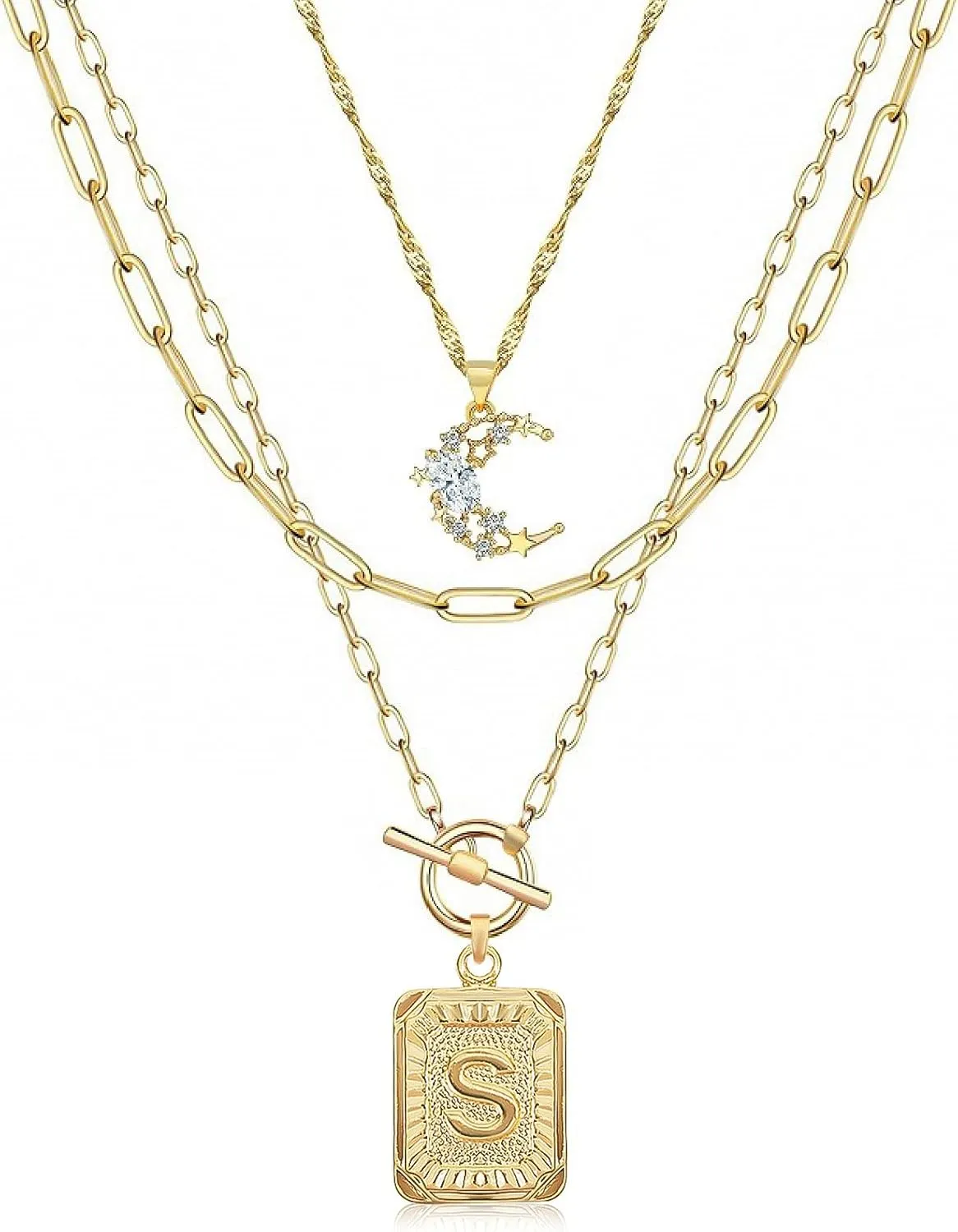 MJartoria Layered Initial Necklaces for Women Trendy, 14K Gold Plated Simple Moon Choker Square Letter Pendant Necklace, Paperclip Chain Necklace, Gold Necklaces Jewelry Gifts