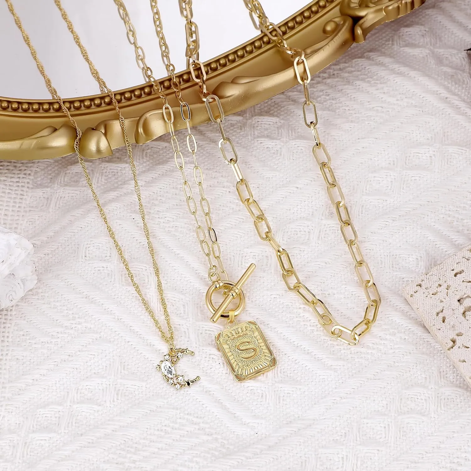 MJartoria Layered Initial Necklaces for Women Trendy, 14K Gold Plated Simple Moon Choker Square Letter Pendant Necklace, Paperclip Chain Necklace, Gold Necklaces Jewelry Gifts