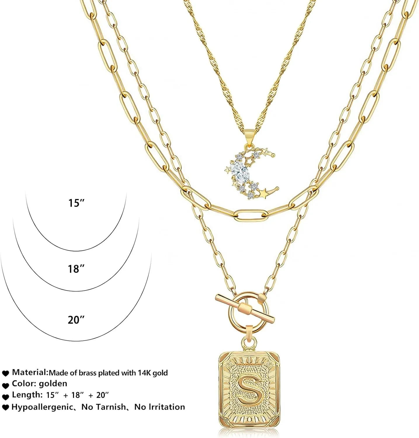 MJartoria Layered Initial Necklaces for Women Trendy, 14K Gold Plated Simple Moon Choker Square Letter Pendant Necklace, Paperclip Chain Necklace, Gold Necklaces Jewelry Gifts
