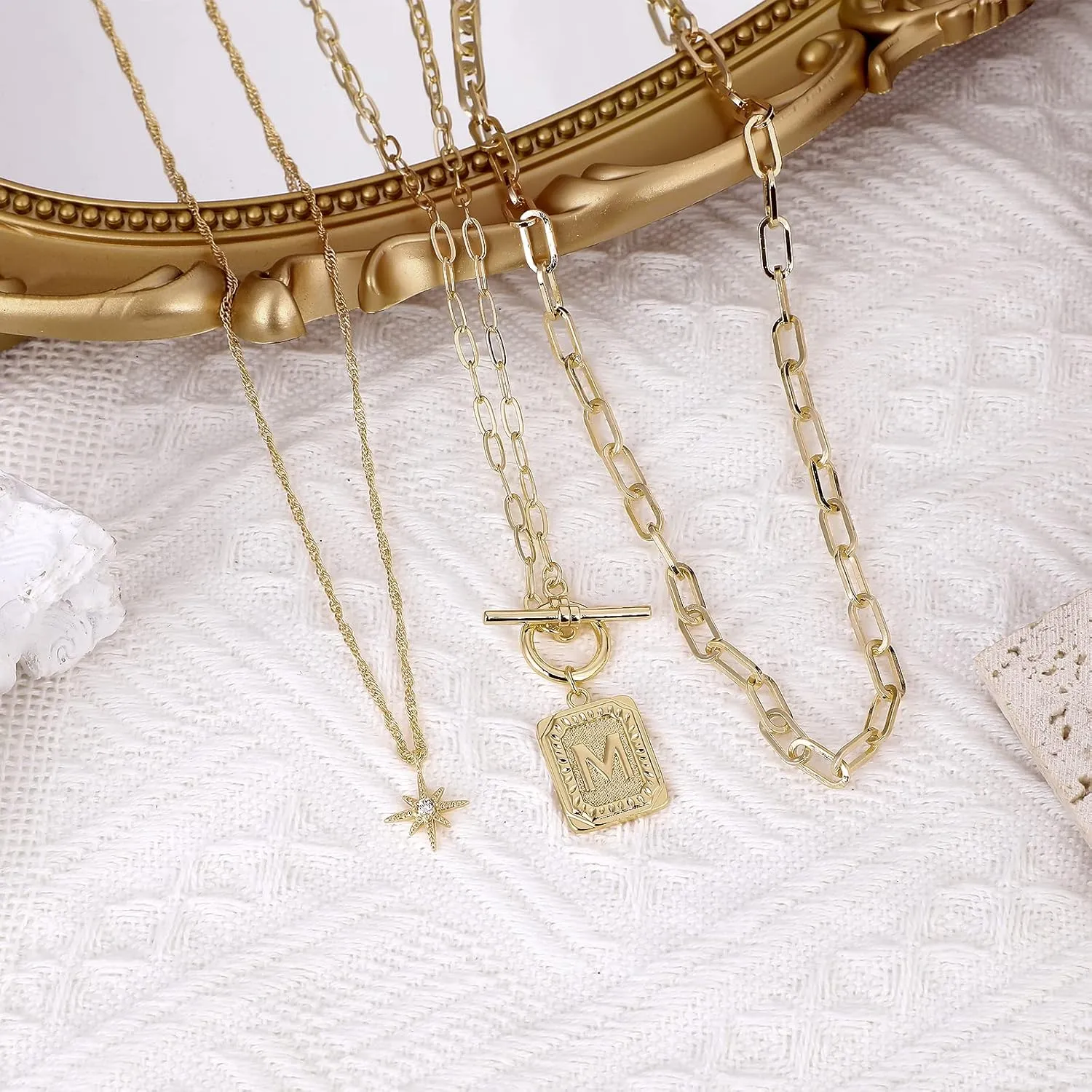 MJartoria Layered Initial Necklaces for Women Trendy, 14K Gold Plated Simple Star Choker Square Letter Pendant Necklace, Paperclip Chain Necklace, Gold Necklaces Jewelry Gifts