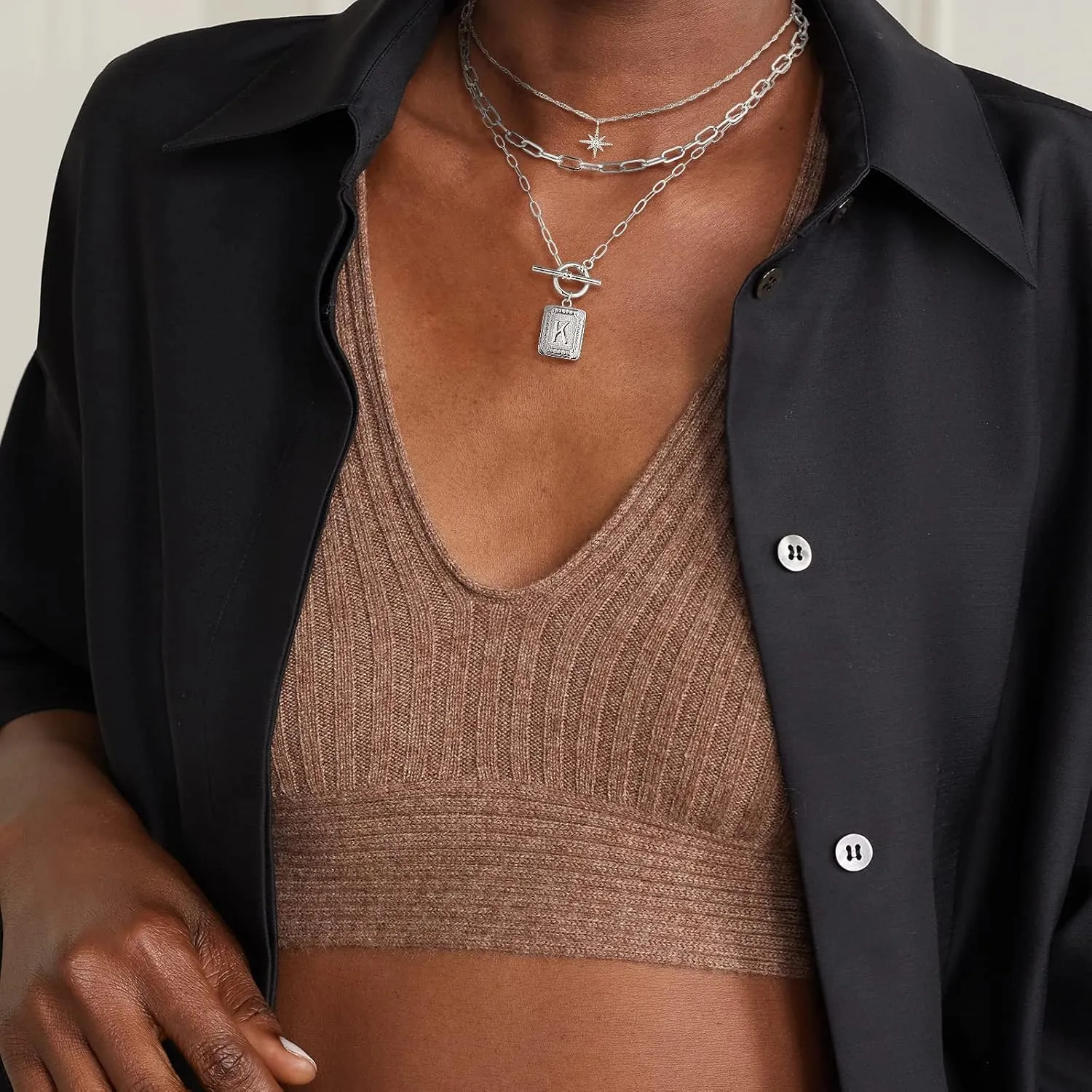 MJartoria Layered Initial Necklaces for Women Trendy, 14K Gold Plated Simple Star Choker Square Letter Pendant Necklace, Paperclip Chain Necklace, Gold Necklaces Jewelry Gifts