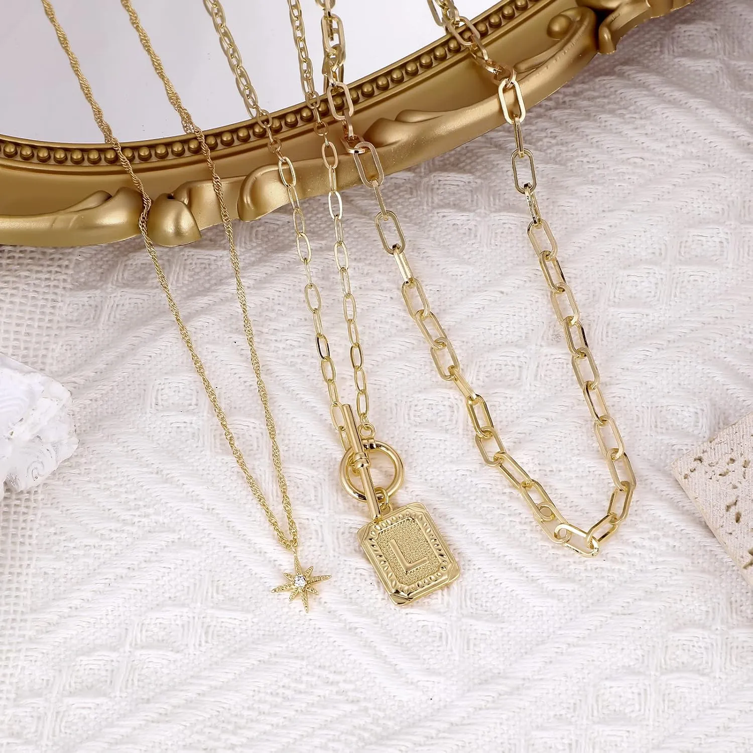 MJartoria Layered Initial Necklaces for Women Trendy, 14K Gold Plated Simple Star Choker Square Letter Pendant Necklace, Paperclip Chain Necklace, Gold Necklaces Jewelry Gifts