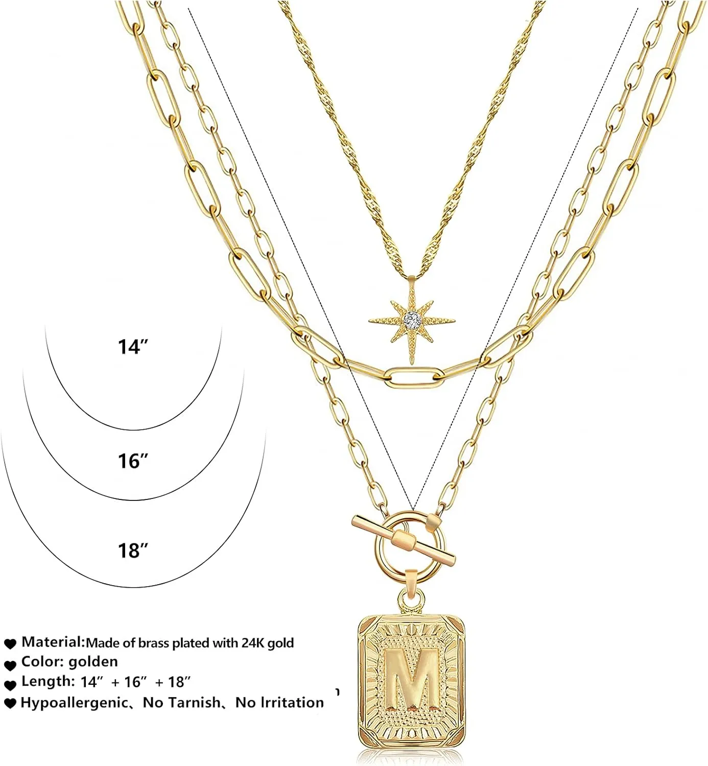 MJartoria Layered Initial Necklaces for Women Trendy, 14K Gold Plated Simple Star Choker Square Letter Pendant Necklace, Paperclip Chain Necklace, Gold Necklaces Jewelry Gifts