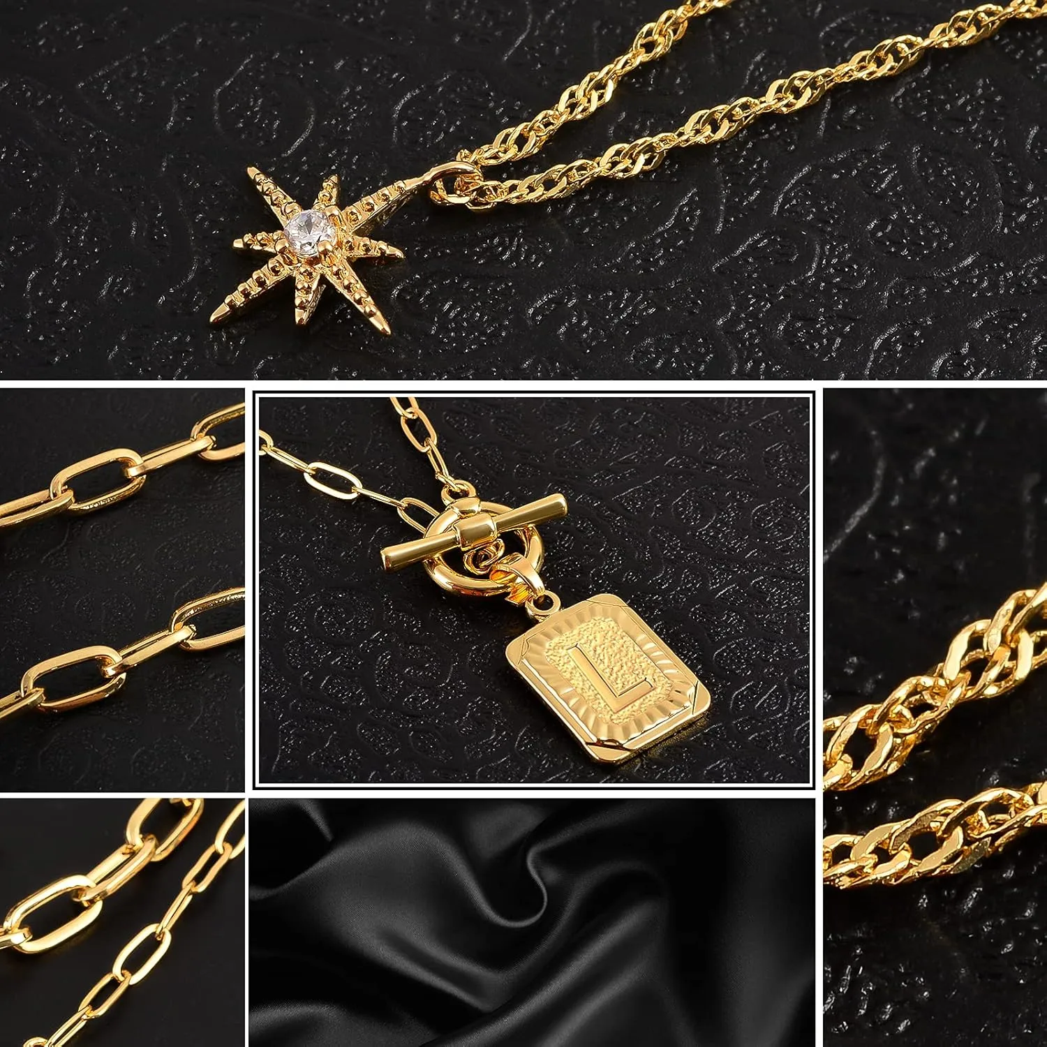 MJartoria Layered Initial Necklaces for Women Trendy, 14K Gold Plated Simple Star Choker Square Letter Pendant Necklace, Paperclip Chain Necklace, Gold Necklaces Jewelry Gifts