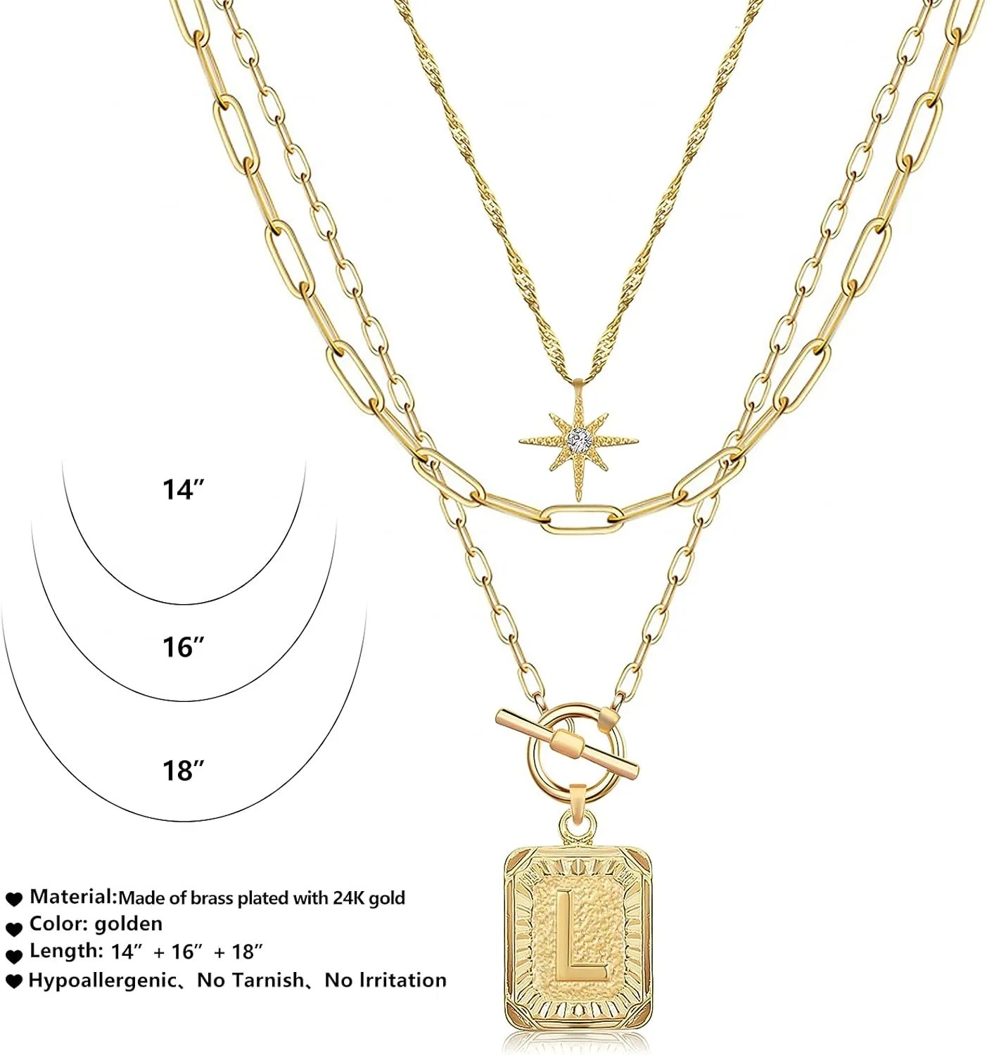 MJartoria Layered Initial Necklaces for Women Trendy, 14K Gold Plated Simple Star Choker Square Letter Pendant Necklace, Paperclip Chain Necklace, Gold Necklaces Jewelry Gifts