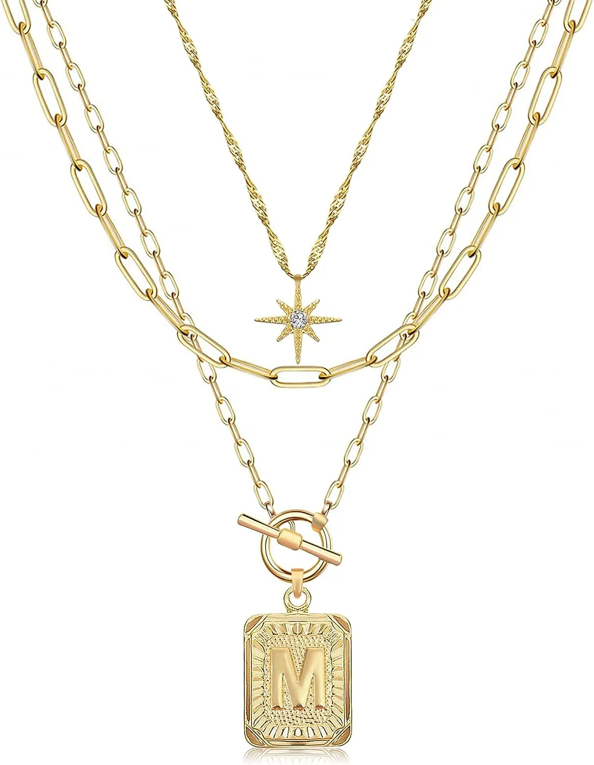 MJartoria Layered Initial Necklaces for Women Trendy, 14K Gold Plated Simple Star Choker Square Letter Pendant Necklace, Paperclip Chain Necklace, Gold Necklaces Jewelry Gifts