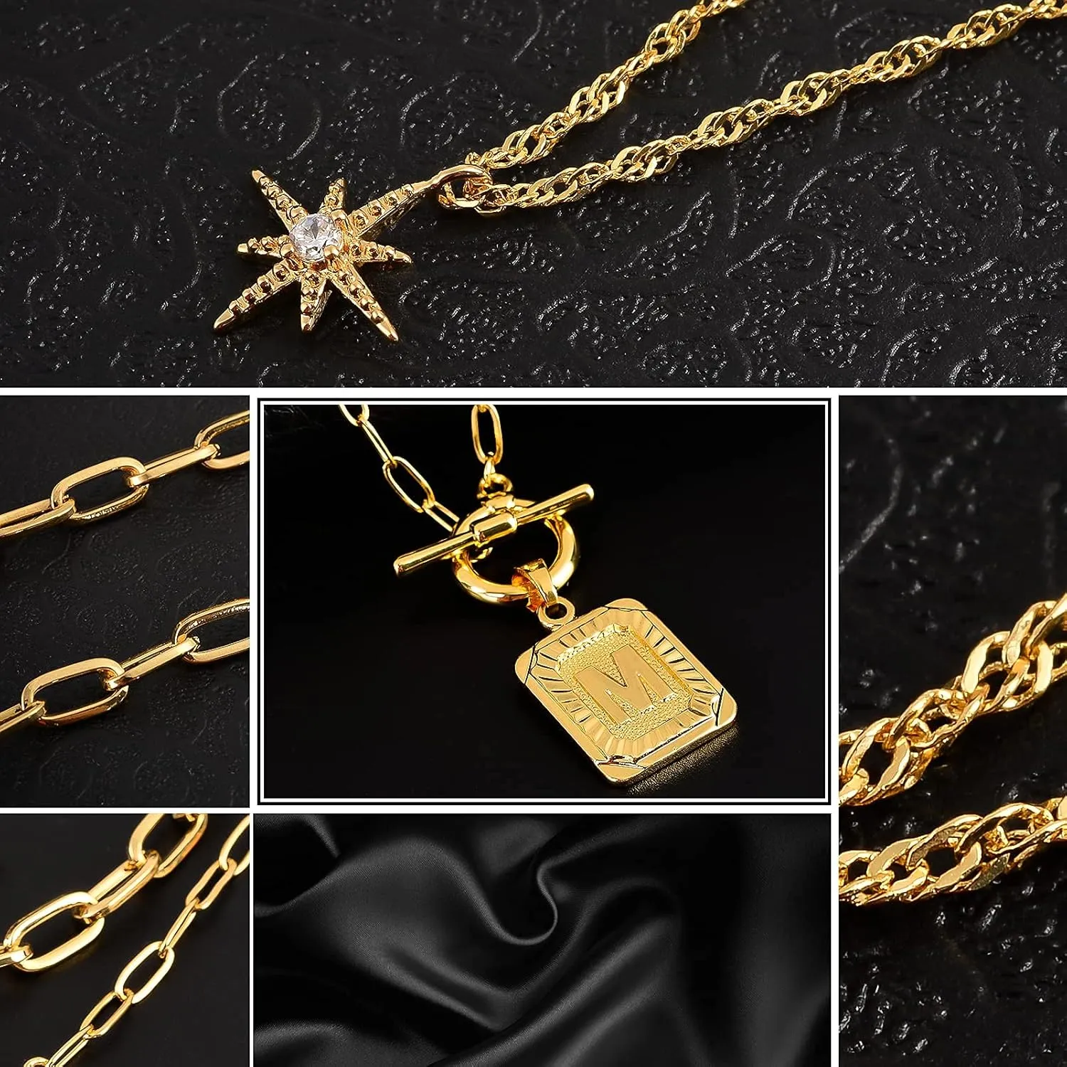 MJartoria Layered Initial Necklaces for Women Trendy, 14K Gold Plated Simple Star Choker Square Letter Pendant Necklace, Paperclip Chain Necklace, Gold Necklaces Jewelry Gifts