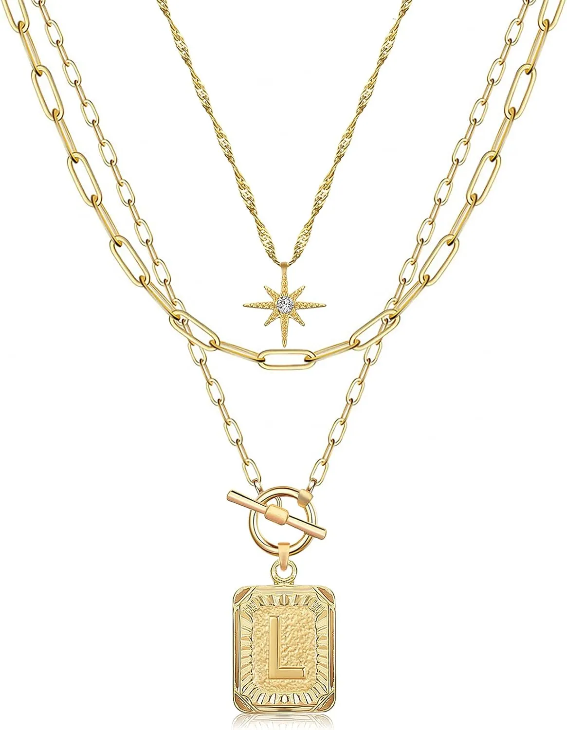 MJartoria Layered Initial Necklaces for Women Trendy, 14K Gold Plated Simple Star Choker Square Letter Pendant Necklace, Paperclip Chain Necklace, Gold Necklaces Jewelry Gifts