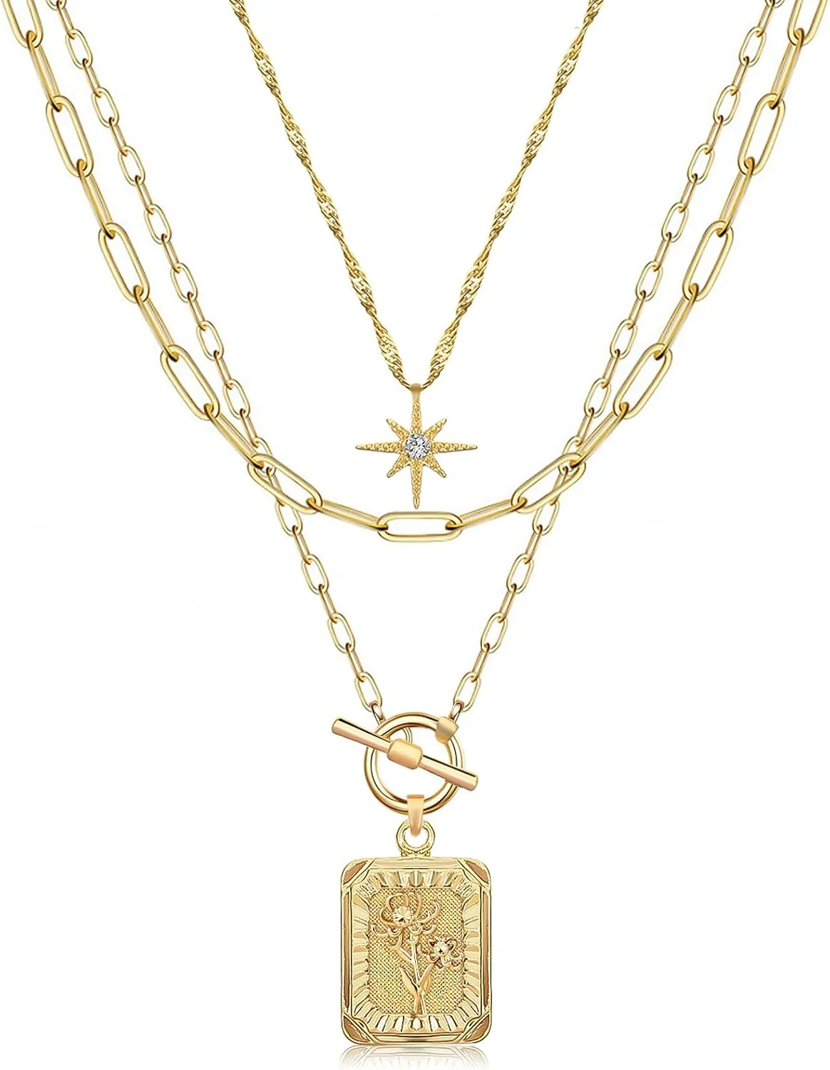MJartoria Layered Necklaces for Women Trendy, 14K Gold Plated Simple Star Choker Square Flower Pendant Necklace, Paperclip Chain Necklace, Gold Necklaces Jewelry Gifts