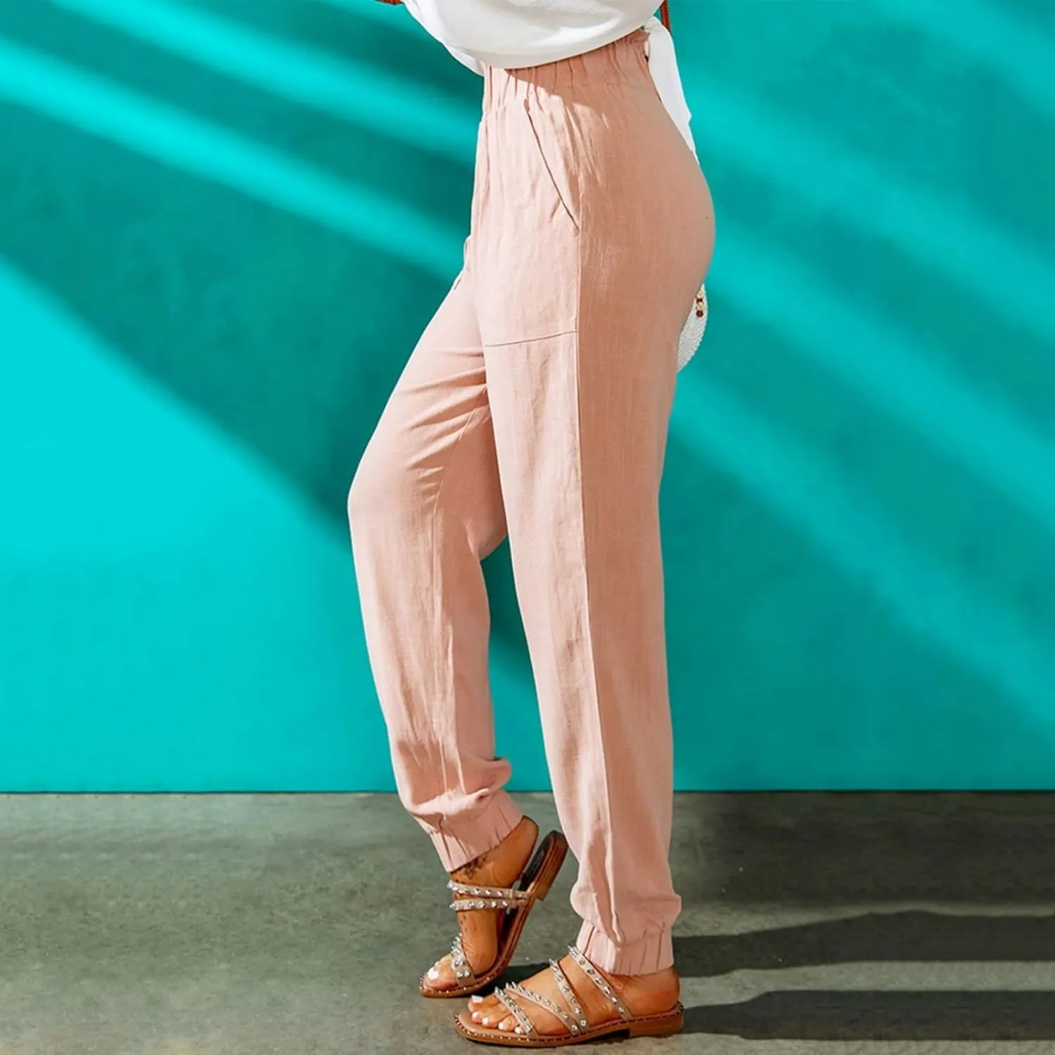 Mmoneyake Women's Elastic High Waist Pants Slim Fit Casual Office Pencil Pants Casual Solid Jogger Pants Trouser with Pockets