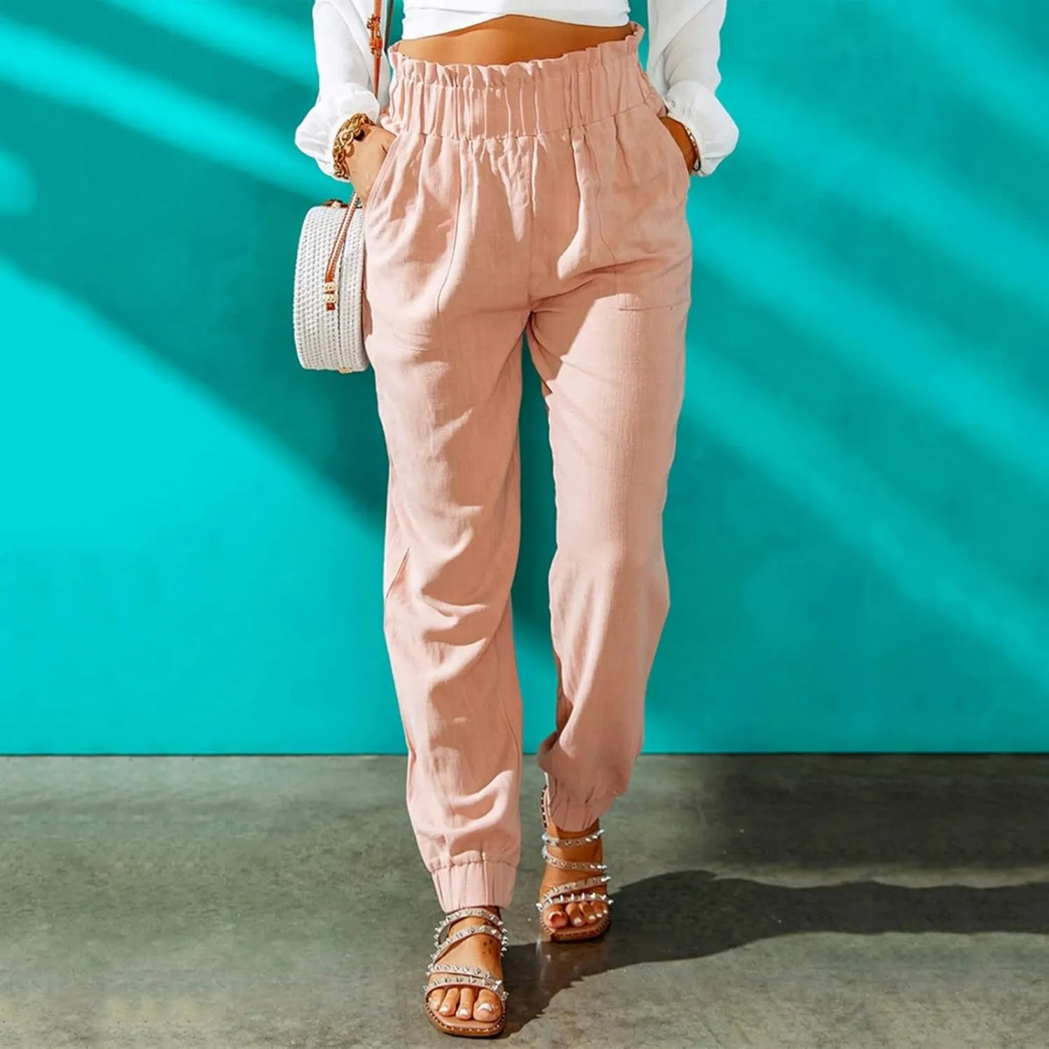 Mmoneyake Women's Elastic High Waist Pants Slim Fit Casual Office Pencil Pants Casual Solid Jogger Pants Trouser with Pockets
