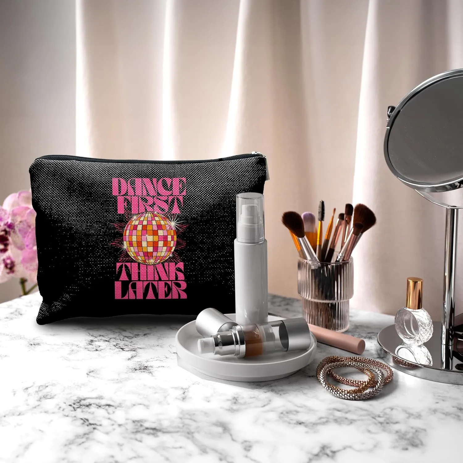 Nogrit Dancer Makeup Bag,Dance First Think Later Trendy Hot Pink Disco Ball Inspirational Makeup Travel Toiletry Bag,Dancing Gifts for Women,Gifts for Dance Lovers
