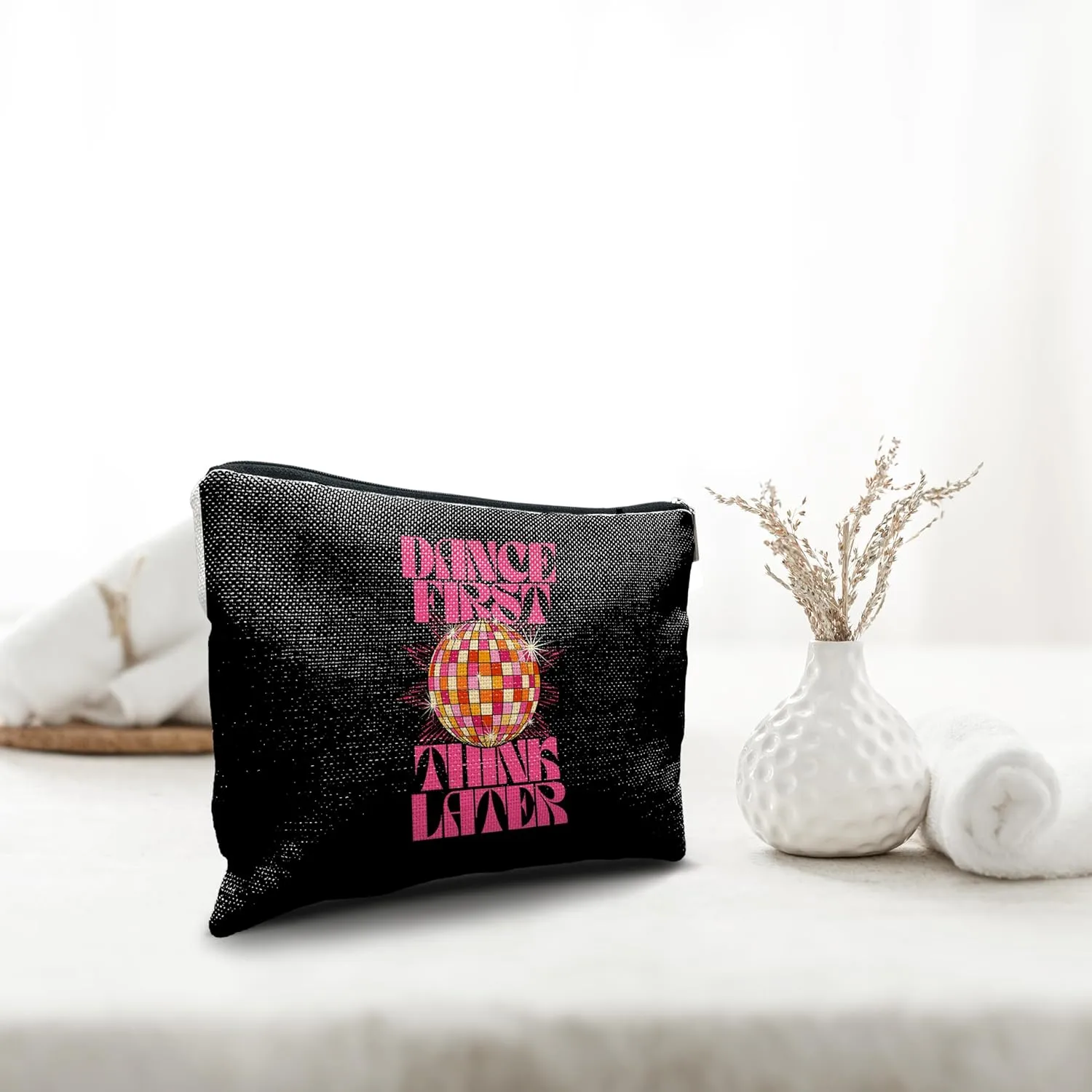 Nogrit Dancer Makeup Bag,Dance First Think Later Trendy Hot Pink Disco Ball Inspirational Makeup Travel Toiletry Bag,Dancing Gifts for Women,Gifts for Dance Lovers