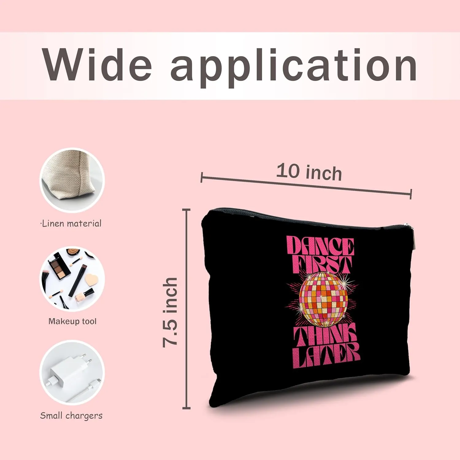 Nogrit Dancer Makeup Bag,Dance First Think Later Trendy Hot Pink Disco Ball Inspirational Makeup Travel Toiletry Bag,Dancing Gifts for Women,Gifts for Dance Lovers