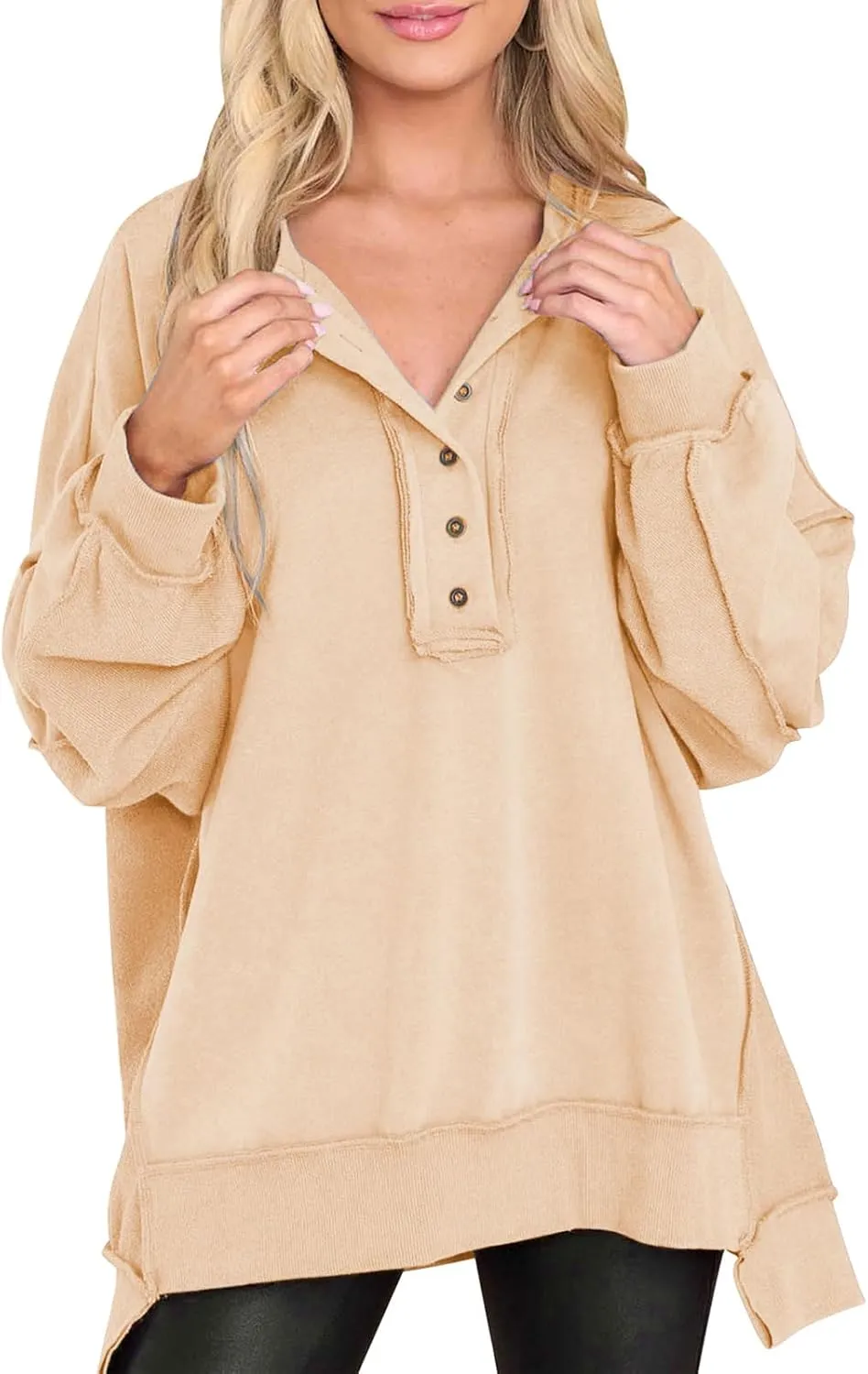 ODIZLI Womens Sweatshirts Trendy Oversized Fall Winter Sweatshirt Long Sleeve Crew Neck Button Casual Y2K Pullover Top