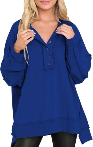 ODIZLI Womens Sweatshirts Trendy Oversized Fall Winter Sweatshirt Long Sleeve Crew Neck Button Casual Y2K Pullover Top