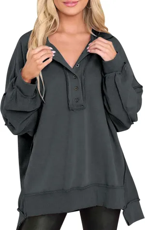 ODIZLI Womens Sweatshirts Trendy Oversized Fall Winter Sweatshirt Long Sleeve Crew Neck Button Casual Y2K Pullover Top