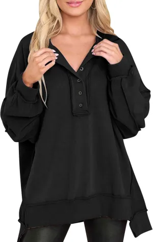 ODIZLI Womens Sweatshirts Trendy Oversized Fall Winter Sweatshirt Long Sleeve Crew Neck Button Casual Y2K Pullover Top