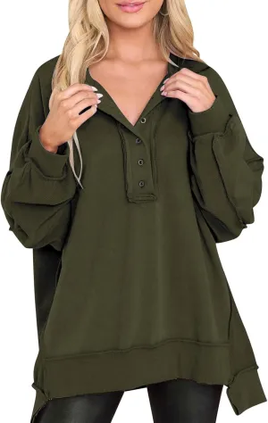 ODIZLI Womens Sweatshirts Trendy Oversized Fall Winter Sweatshirt Long Sleeve Crew Neck Button Casual Y2K Pullover Top