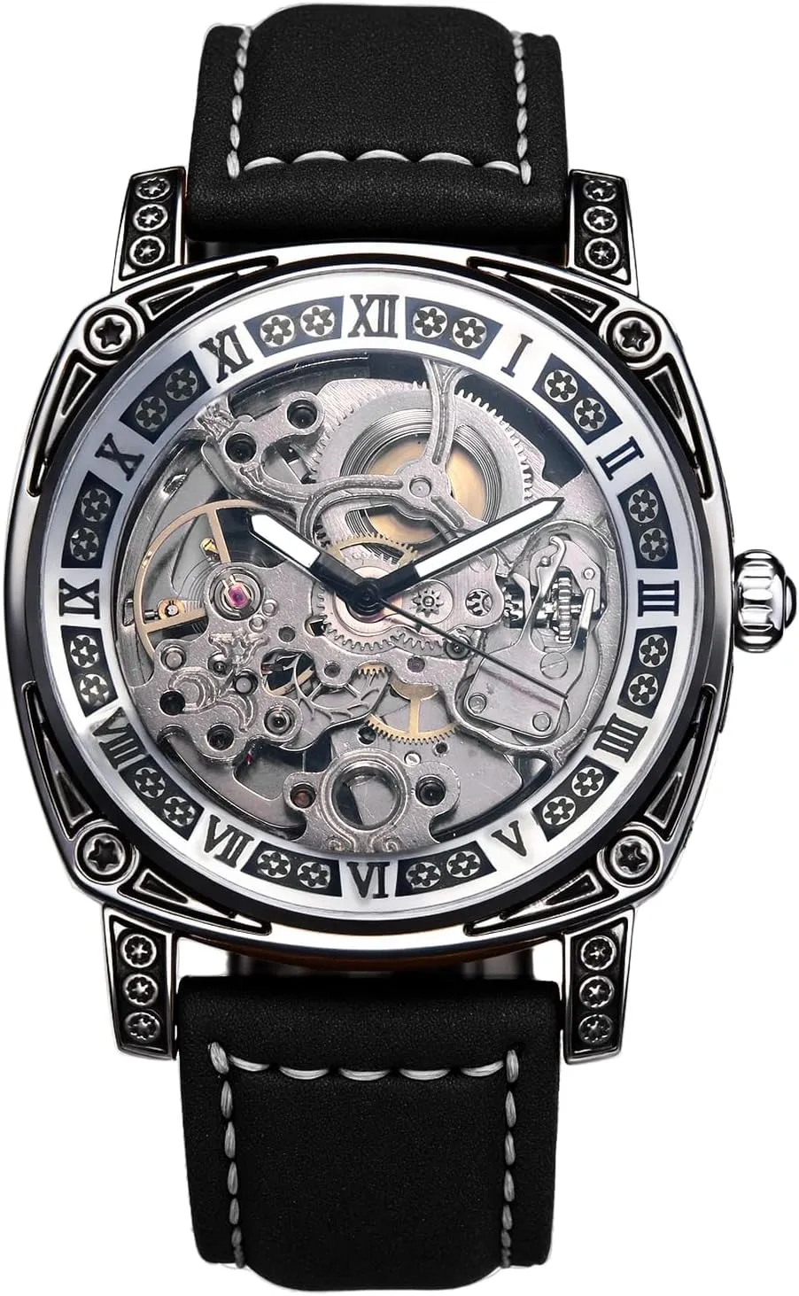 OIDEA Mens Mechanical Leather Strap Watches: Fashion Retro Big Dial Roman Numeral Automatic Mechanical Wrist Watches Business Work Dress Watch